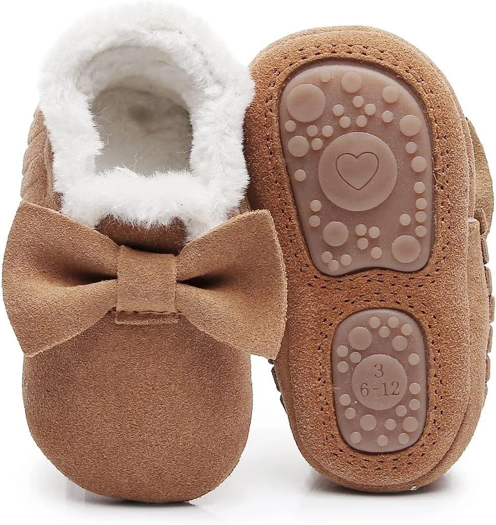 HONGTEYA Baby Moccasins with Fur Fleece Rubber Soles Warm Snow Boots Leather Baby Shoes for Boys Girls…