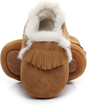 HONGTEYA Baby Moccasins with Fur Fleece Rubber Soles Warm Snow Boots Leather Baby Shoes for Boys Girls…