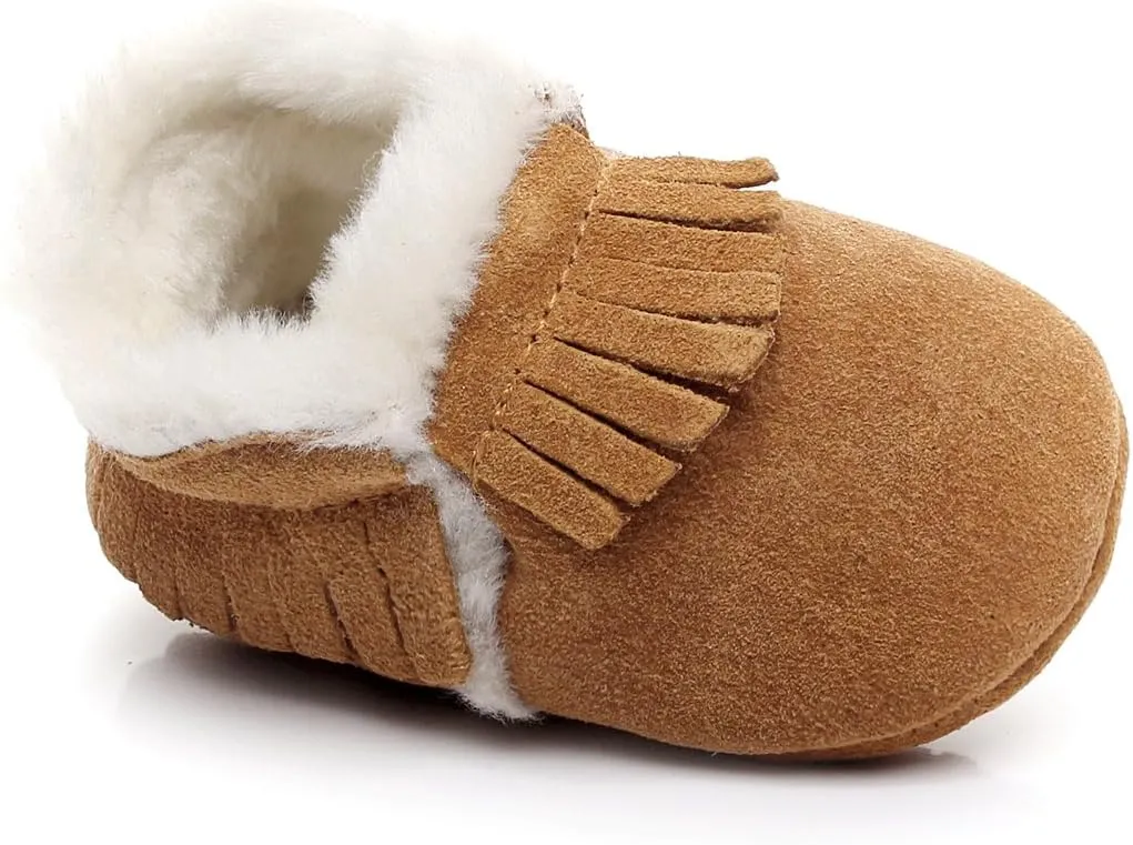 HONGTEYA Baby Moccasins with Fur Fleece Rubber Soles Warm Snow Boots Leather Baby Shoes for Boys Girls…