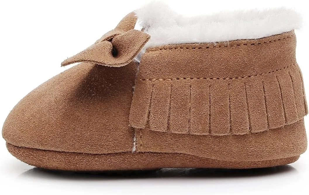 HONGTEYA Baby Moccasins with Fur Fleece Rubber Soles Warm Snow Boots Leather Baby Shoes for Boys Girls…