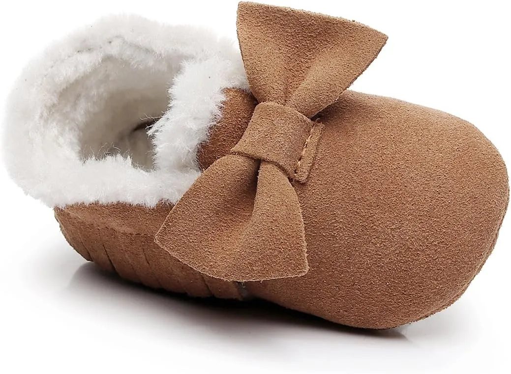 HONGTEYA Baby Moccasins with Fur Fleece Rubber Soles Warm Snow Boots Leather Baby Shoes for Boys Girls…