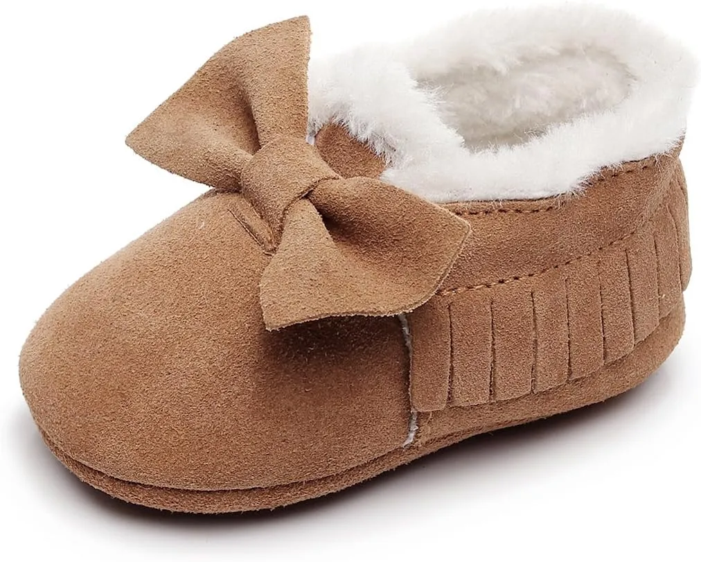 HONGTEYA Baby Moccasins with Fur Fleece Rubber Soles Warm Snow Boots Leather Baby Shoes for Boys Girls…