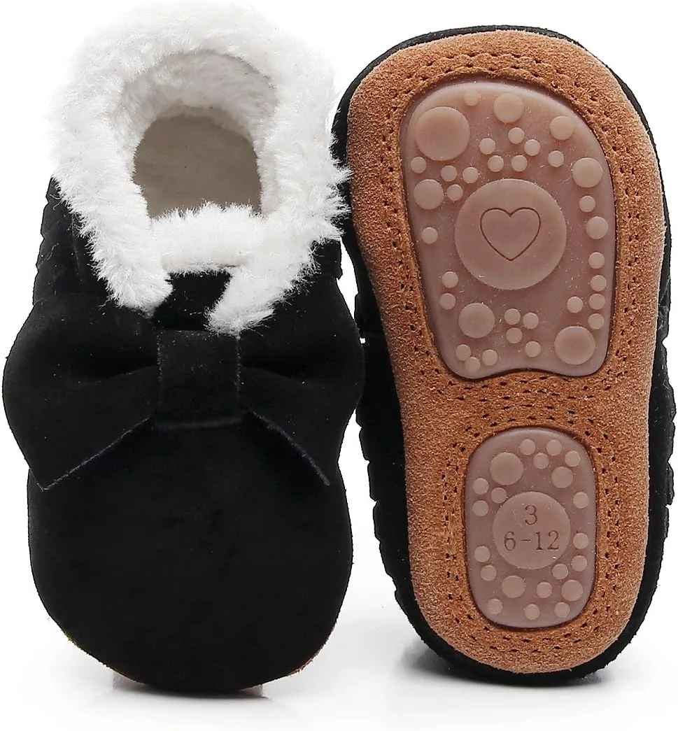 HONGTEYA Baby Moccasins with Fur Fleece Rubber Soles Warm Snow Boots Leather Baby Shoes for Boys Girls…