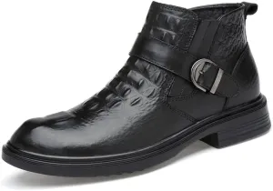 HOOENG Chelsea Boots for Men Crocodile Print with Buckle Genuine Leather Non Slip on Waterproof Wearable Anti-Slip Formal Dress (Color : Black Lined, Size : 9)