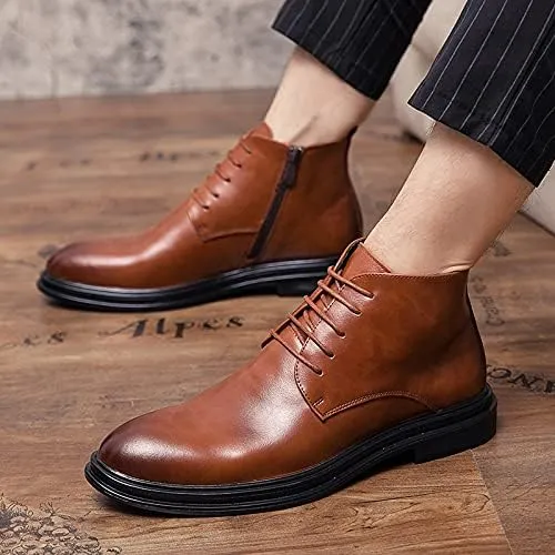 HOOENG Round Toe Boots for Men Burnished Toe Side Zip Cowhide Leather Non Slip Block Heel Work Fashion Classic