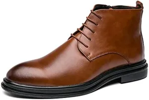 HOOENG Round Toe Boots for Men Burnished Toe Side Zip Cowhide Leather Non Slip Block Heel Work Fashion Classic