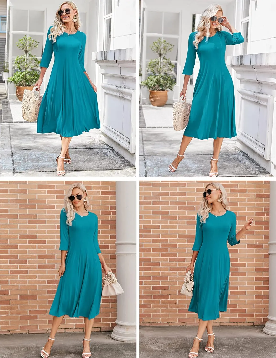 HOTOUCH Women's 3/4 Sleeve A-line and Flare Midi Long Dress