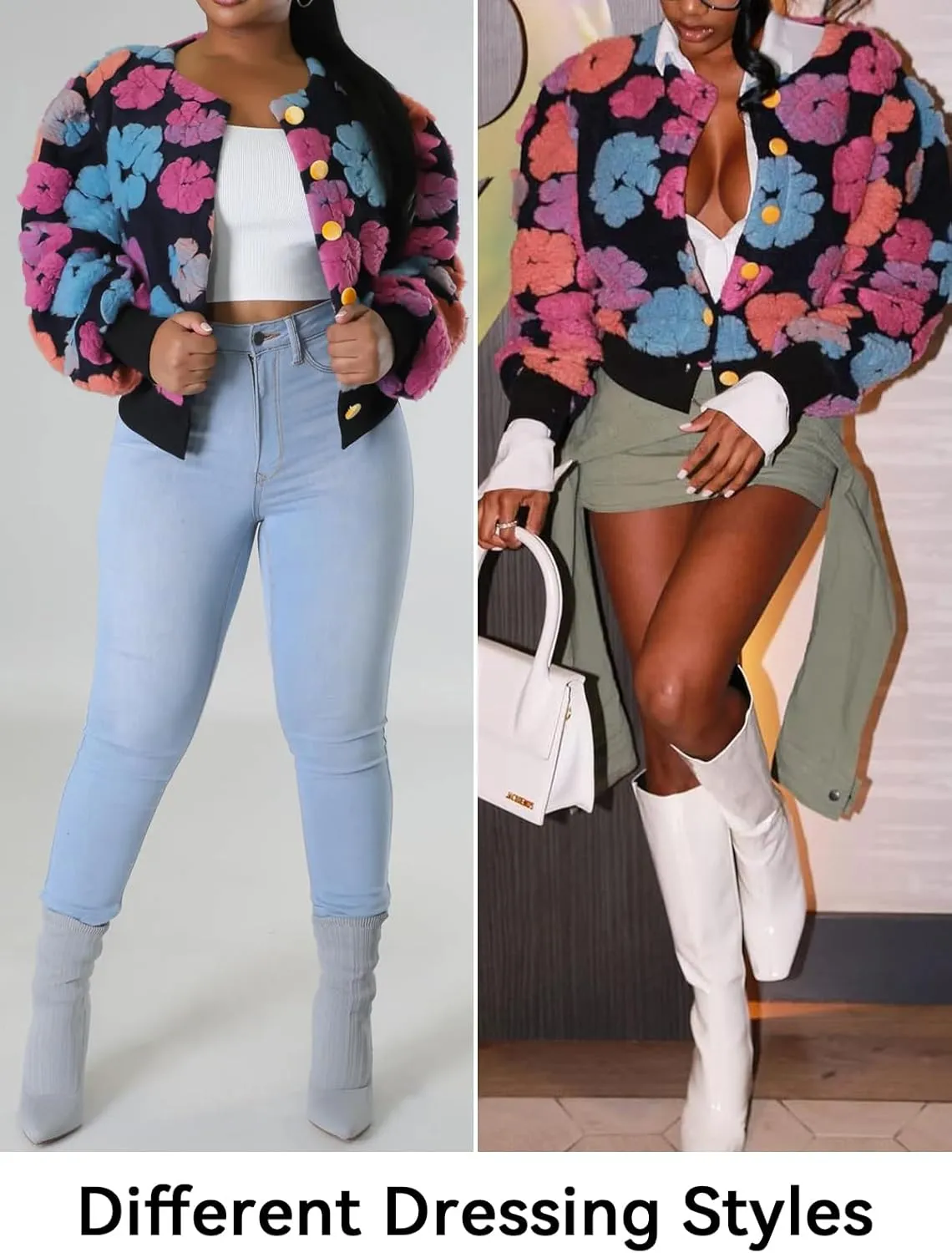 HOULENGS Women's Cropped Floral Print Fleece Bomber Jacket Casual Puff Sleeve Button Down Coats Winter Warm Outerwears