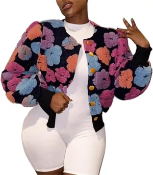 HOULENGS Women's Cropped Floral Print Fleece Bomber Jacket Casual Puff Sleeve Button Down Coats Winter Warm Outerwears