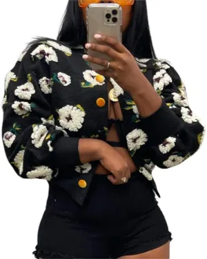 HOULENGS Women's Cropped Floral Print Fleece Bomber Jacket Casual Puff Sleeve Button Down Coats Winter Warm Outerwears