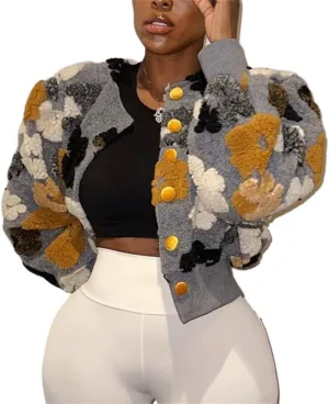 HOULENGS Women's Cropped Floral Print Fleece Bomber Jacket Casual Puff Sleeve Button Down Coats Winter Warm Outerwears