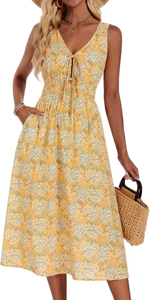 HUHOT Womens Tie Front Elastic Empire Waist Boho Summer Sun Dresses with Pockets
