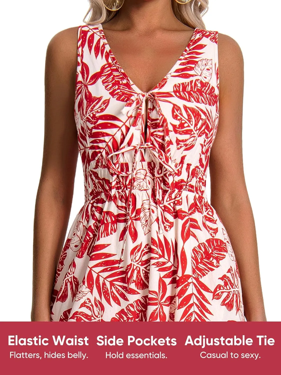 HUHOT Womens Tie Front Elastic Empire Waist Boho Summer Sun Dresses with Pockets
