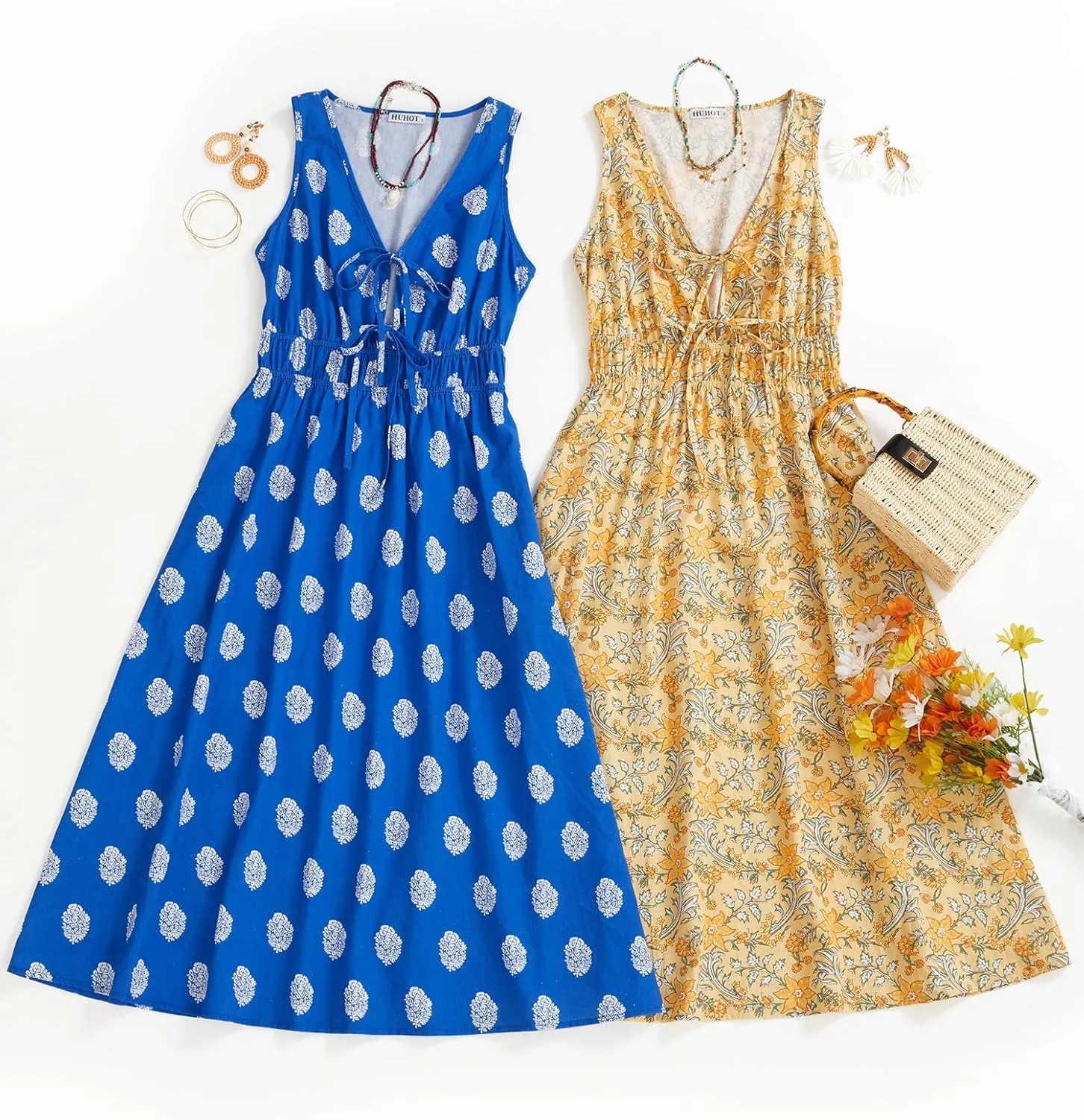 HUHOT Womens Tie Front Elastic Empire Waist Boho Summer Sun Dresses with Pockets