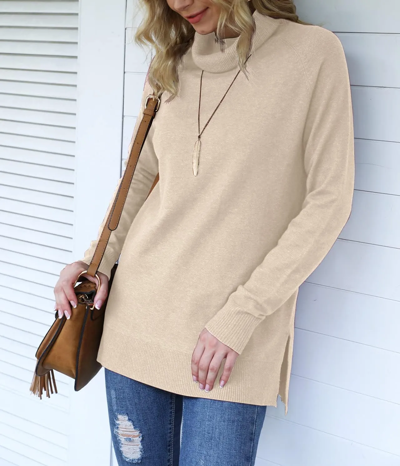 HWOKEFEIYU Women 2024 Fall Trendy Casual Sweater Turtleneck Long Sleeve Sweaters Pullover