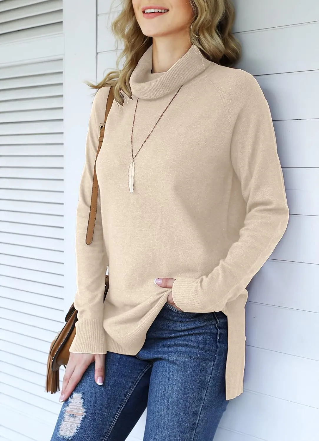 HWOKEFEIYU Women 2024 Fall Trendy Casual Sweater Turtleneck Long Sleeve Sweaters Pullover