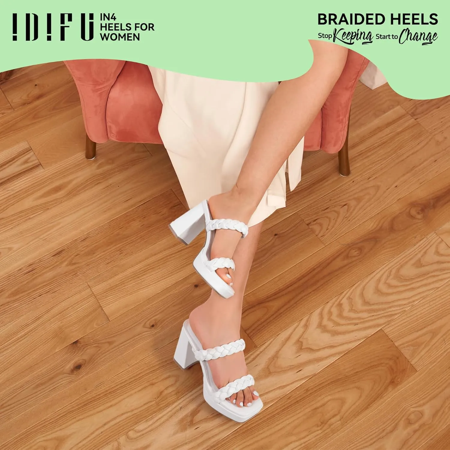 IDIFU IN4 Platform Heels High Braided Chunky Block Square Toe Wedding Bridal Prom Dress Shoes for Women Bride Strappy Open Toe Slip On Heeled Sandals Comfortable Trendy Mules Slide Heels