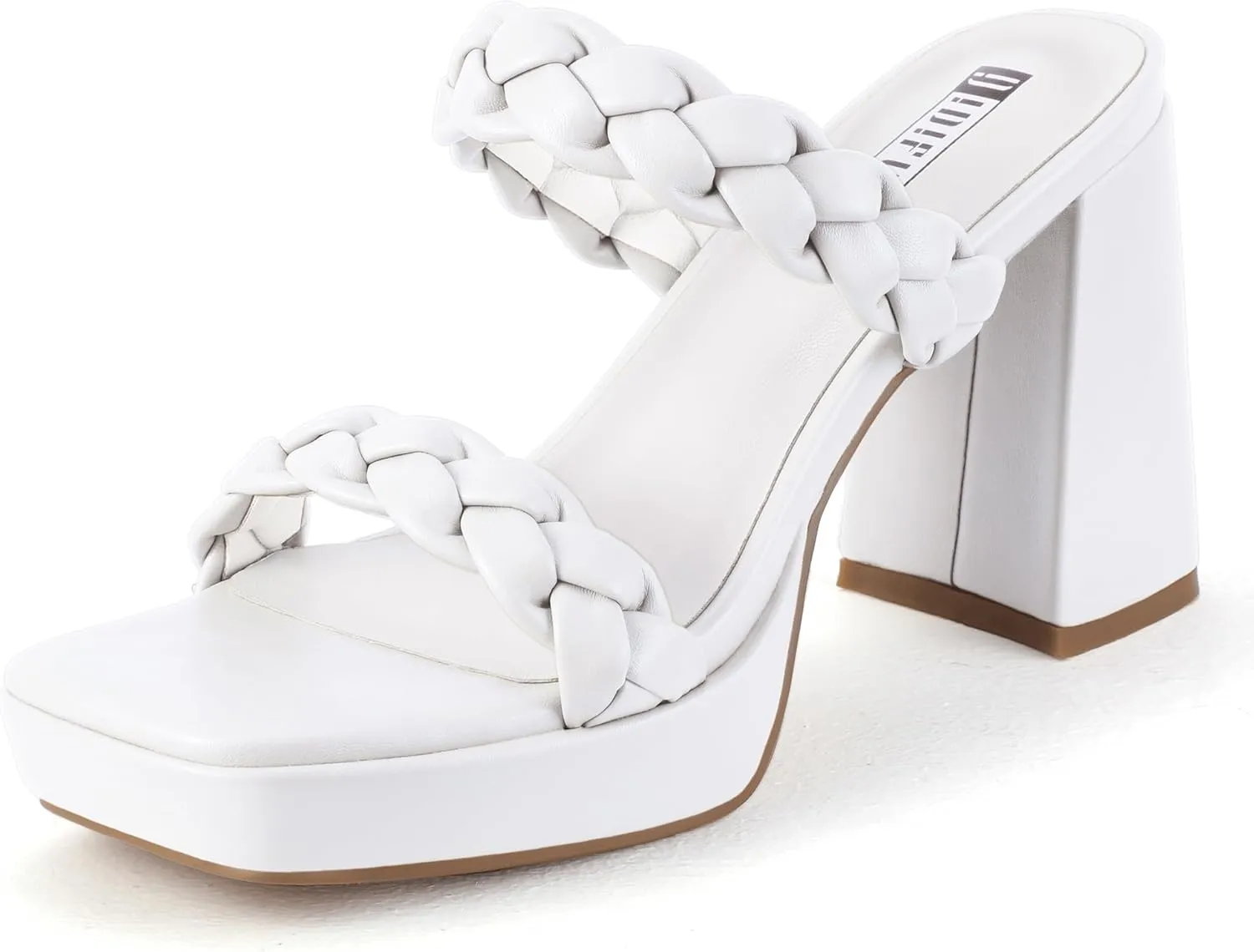 IDIFU IN4 Platform Heels High Braided Chunky Block Square Toe Wedding Bridal Prom Dress Shoes for Women Bride Strappy Open Toe Slip On Heeled Sandals Comfortable Trendy Mules Slide Heels