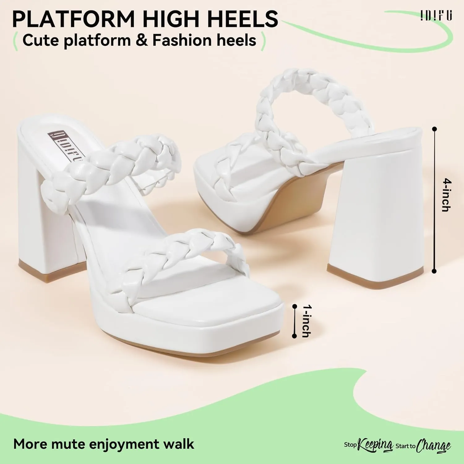 IDIFU IN4 Platform Heels High Braided Chunky Block Square Toe Wedding Bridal Prom Dress Shoes for Women Bride Strappy Open Toe Slip On Heeled Sandals Comfortable Trendy Mules Slide Heels