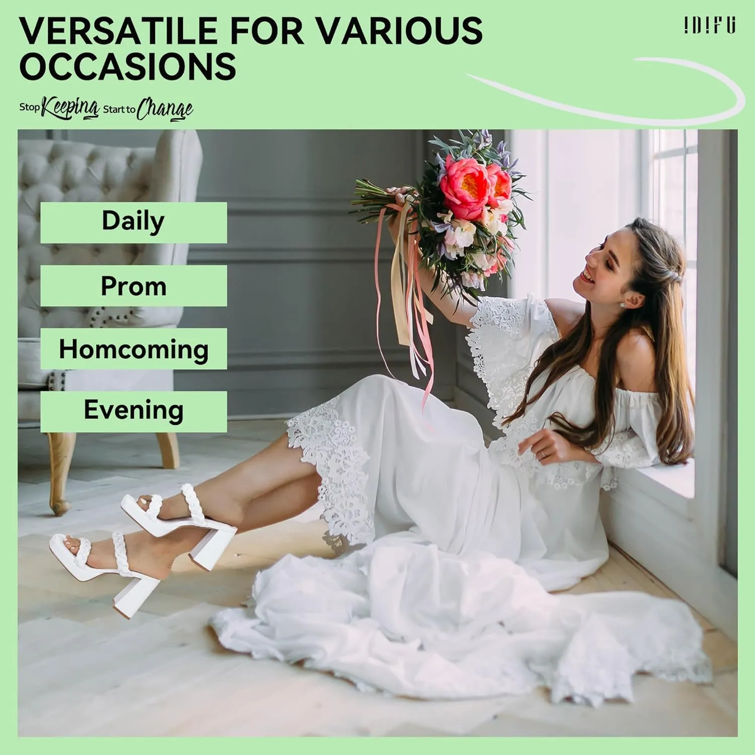 IDIFU IN4 Platform Heels High Braided Chunky Block Square Toe Wedding Bridal Prom Dress Shoes for Women Bride Strappy Open Toe Slip On Heeled Sandals Comfortable Trendy Mules Slide Heels