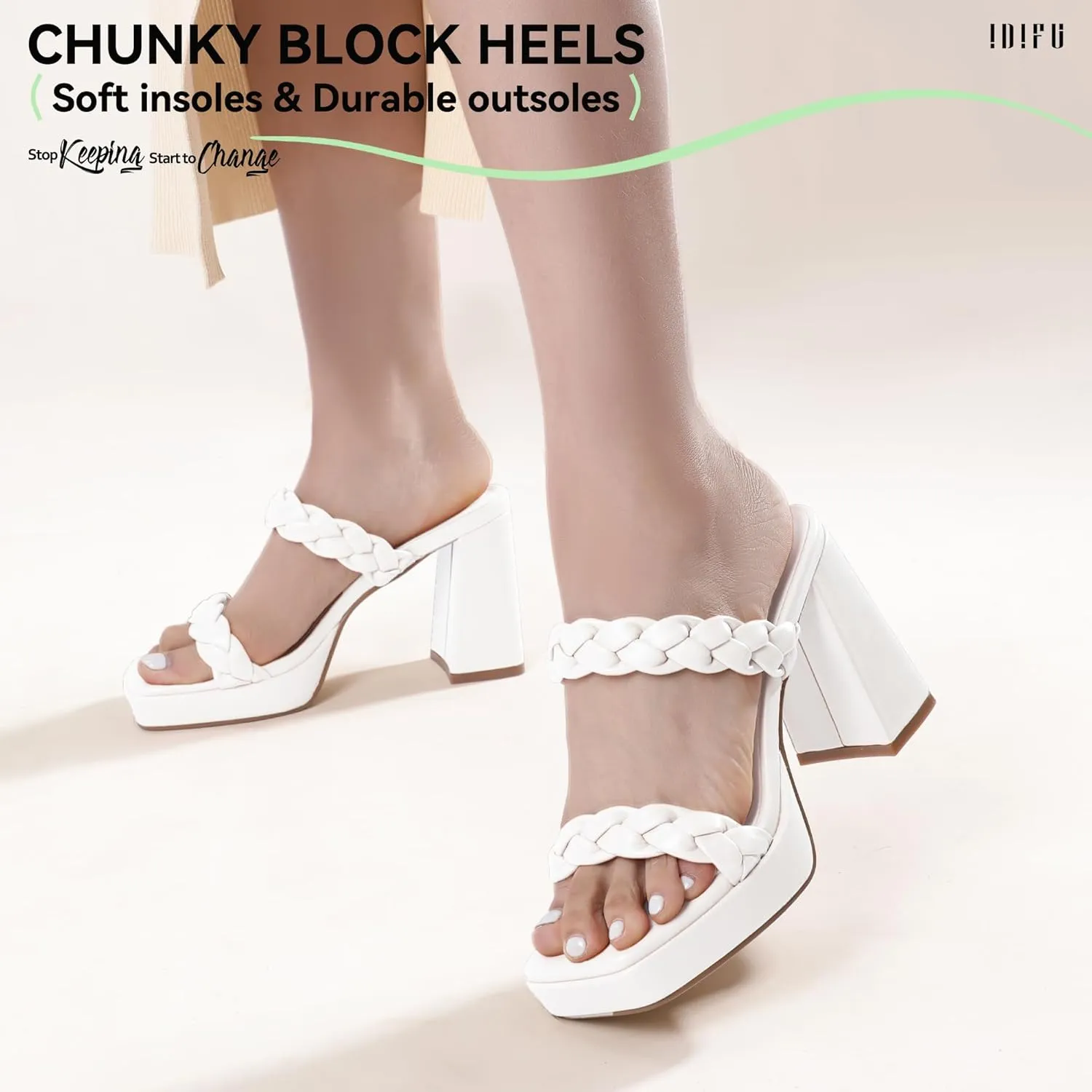 IDIFU IN4 Platform Heels High Braided Chunky Block Square Toe Wedding Bridal Prom Dress Shoes for Women Bride Strappy Open Toe Slip On Heeled Sandals Comfortable Trendy Mules Slide Heels