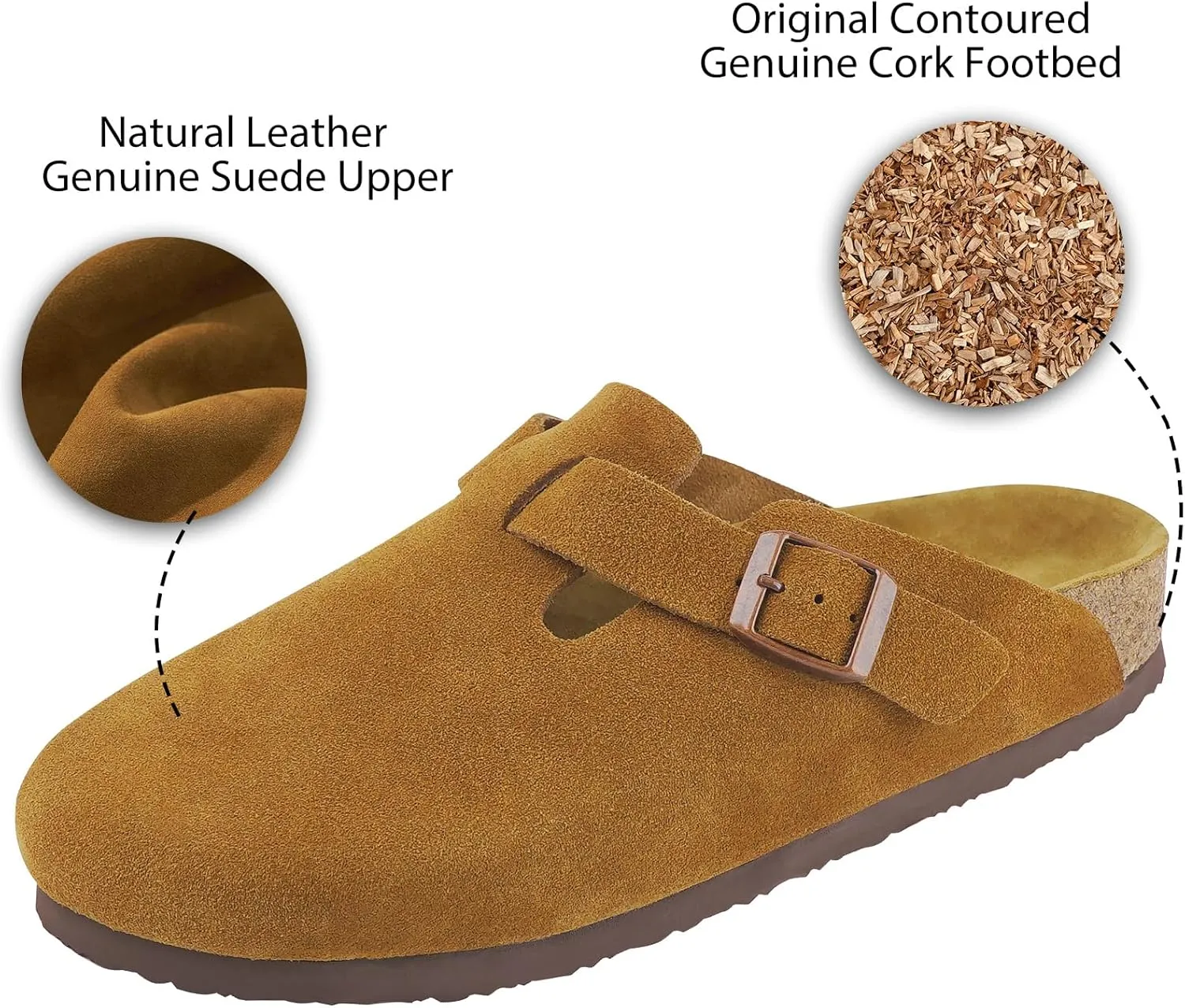ILLIMITE Suede Clogs for Women Men Cork Footbed Sandals Leather Mules Potato Shoes with Arch Support and Adjustable Buckle