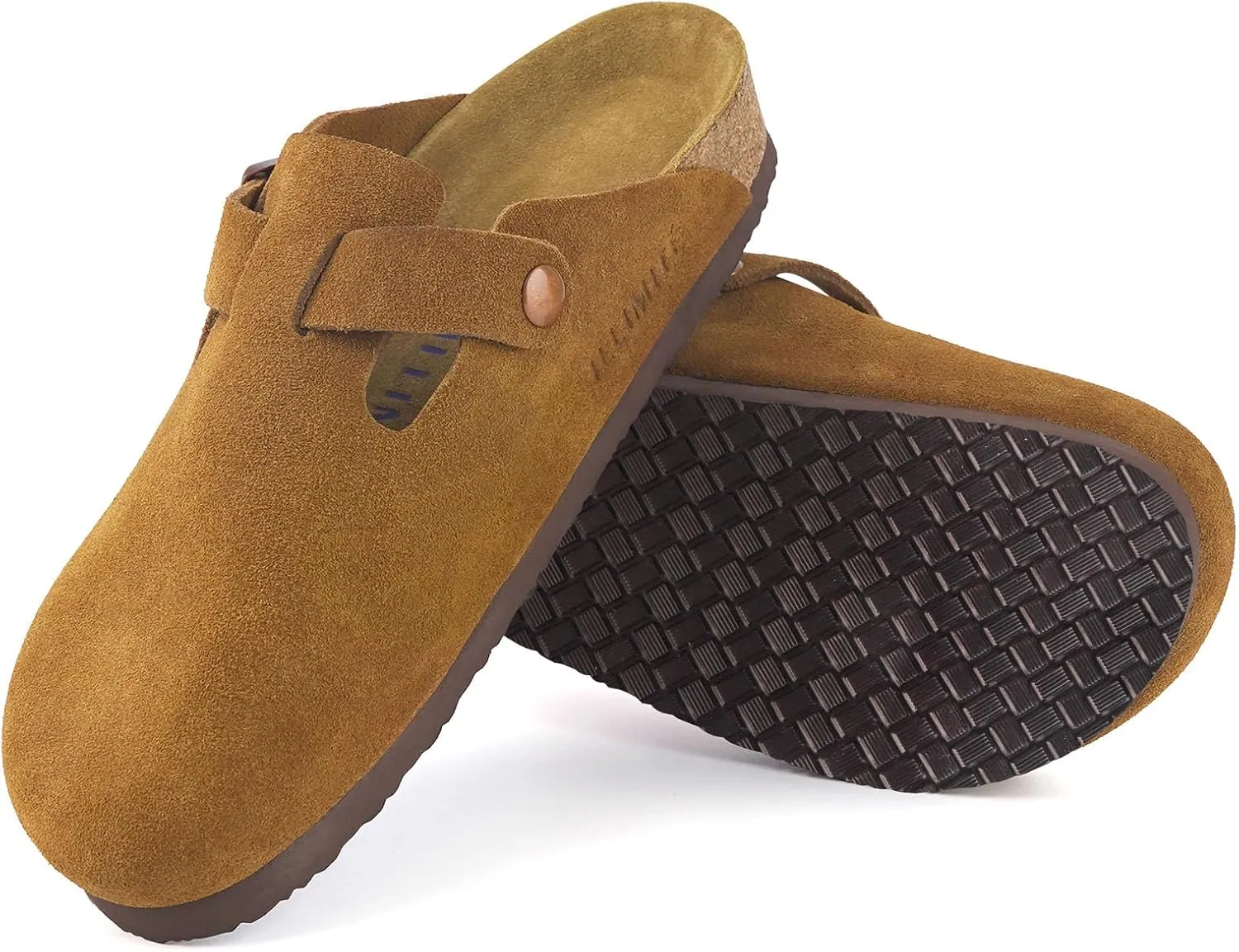 ILLIMITE Suede Clogs for Women Men Cork Footbed Sandals Leather Mules Potato Shoes with Arch Support and Adjustable Buckle