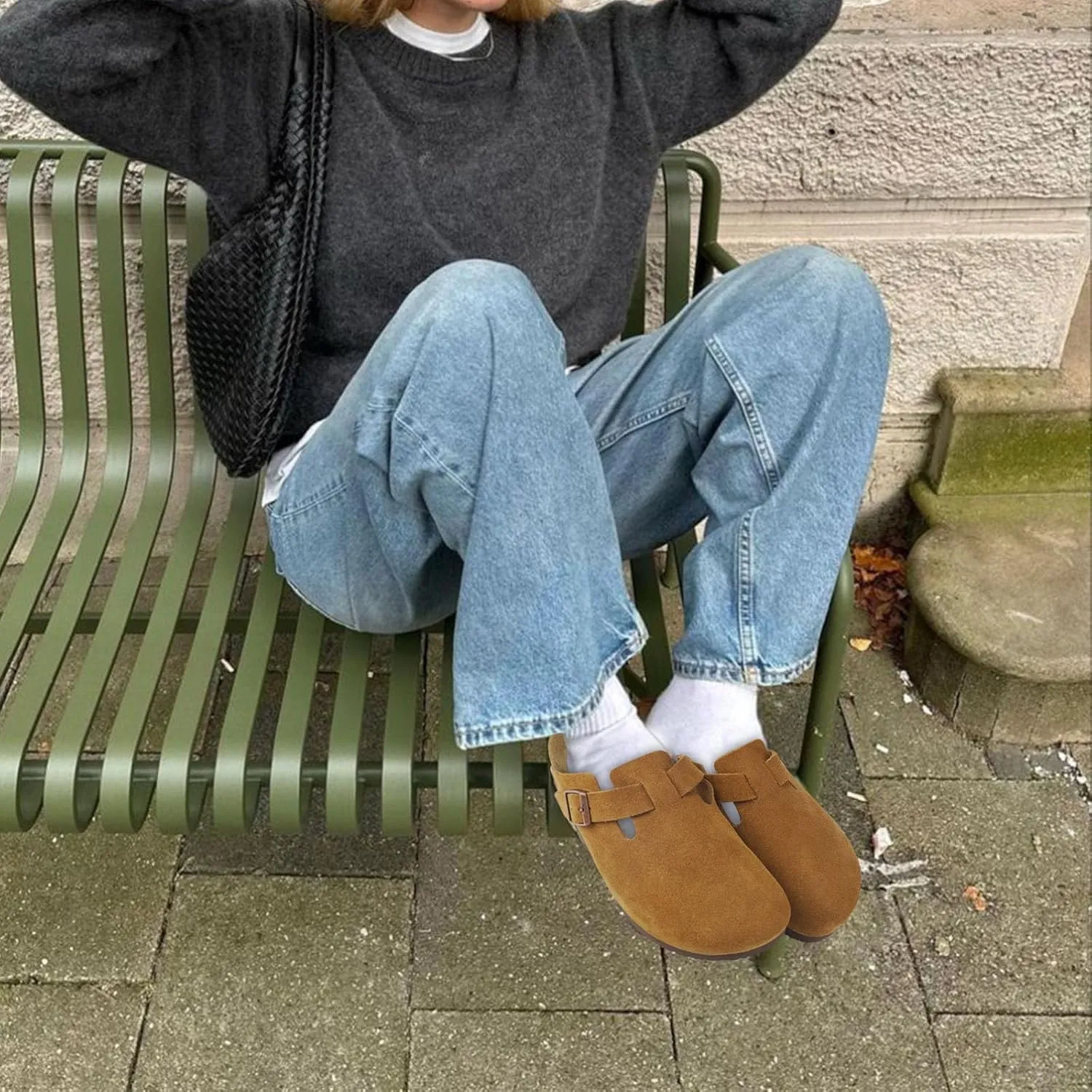 ILLIMITE Suede Clogs for Women Men Cork Footbed Sandals Leather Mules Potato Shoes with Arch Support and Adjustable Buckle