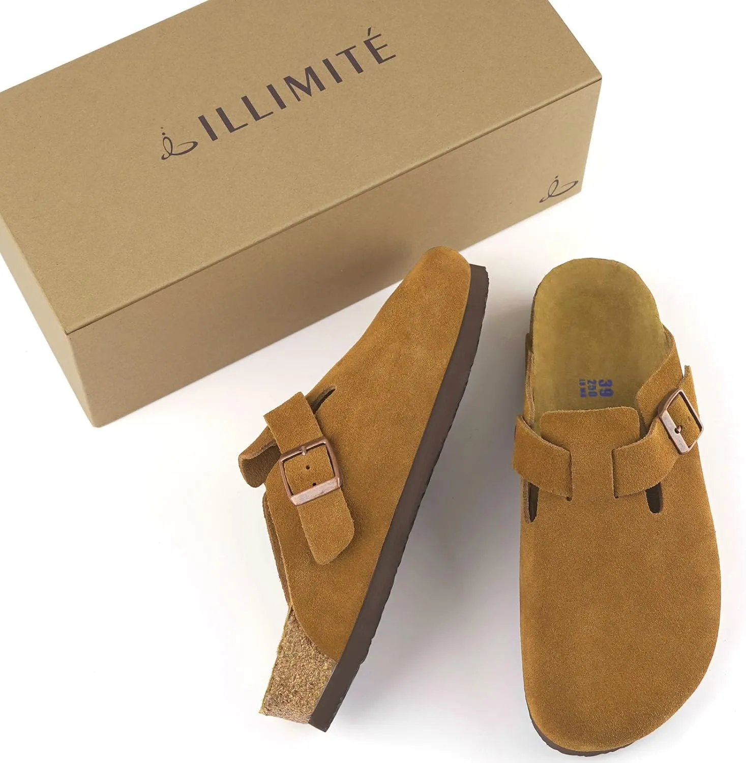 ILLIMITE Suede Clogs for Women Men Cork Footbed Sandals Leather Mules Potato Shoes with Arch Support and Adjustable Buckle