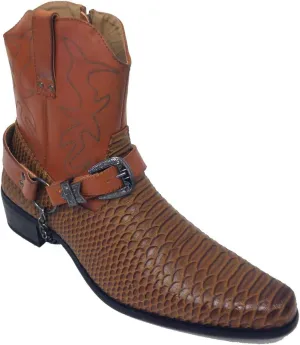 J-jap Men’s Cowboy Boots Western Alligator Snake Skin Print Crocodile Zippper Buckle Harness Chain Ankle Shoes