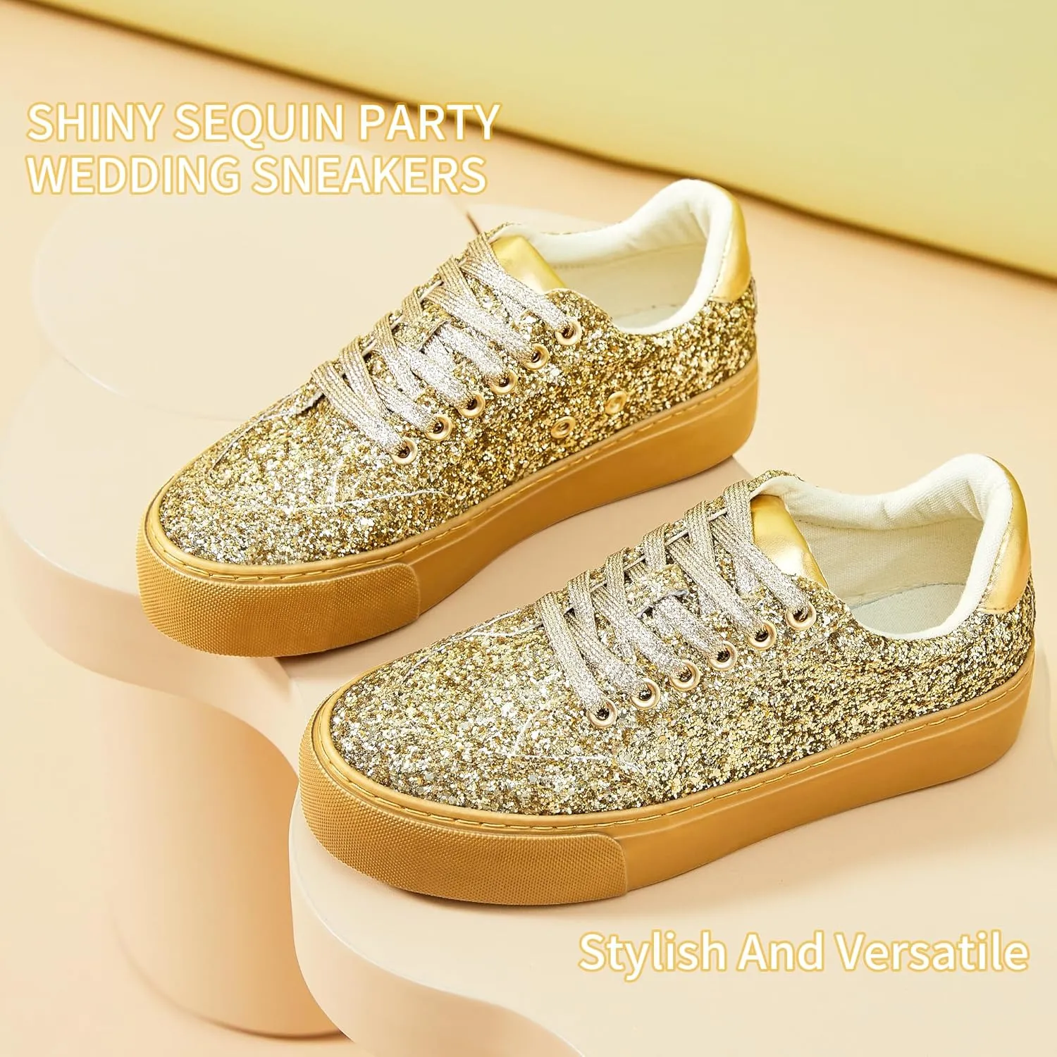 Jeekopeg Glitter Platform Sneakers Women Casual Sequin Sparkly Shoes Bling Thick Sole Walking Shoes Shiny Sequin Wedding Sneakers for Lady