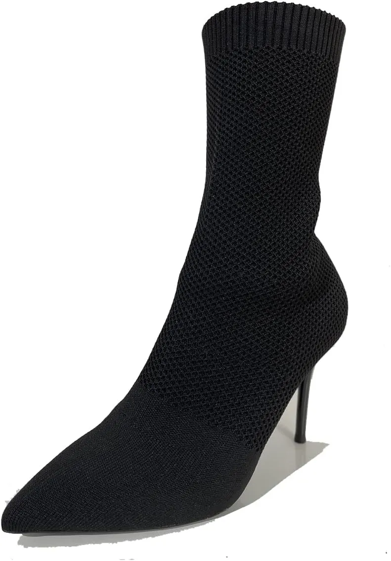 Jeesay Women's Sexy Pointed Toe Sock Ankle Boots Stiletto High Heels Mid Calf Booties Stretch Knit Shoes Warm…