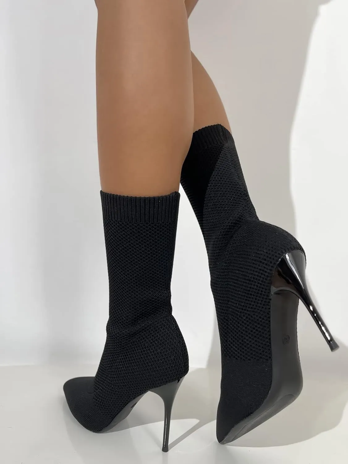 Jeesay Women's Sexy Pointed Toe Sock Ankle Boots Stiletto High Heels Mid Calf Booties Stretch Knit Shoes Warm…