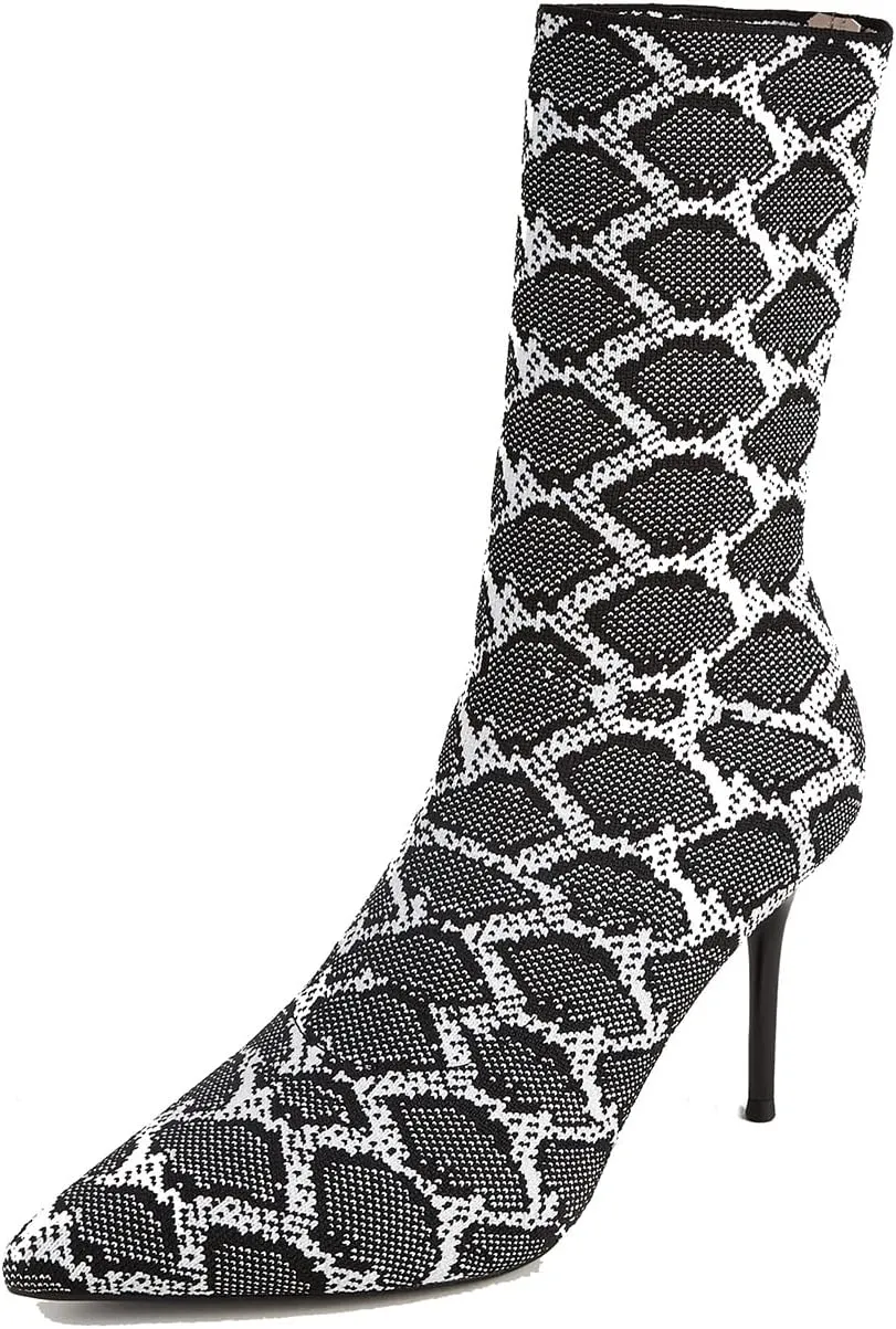Jeesay Women's Sexy Pointed Toe Sock Ankle Boots Stiletto High Heels Mid Calf Booties Stretch Knit Shoes Warm…