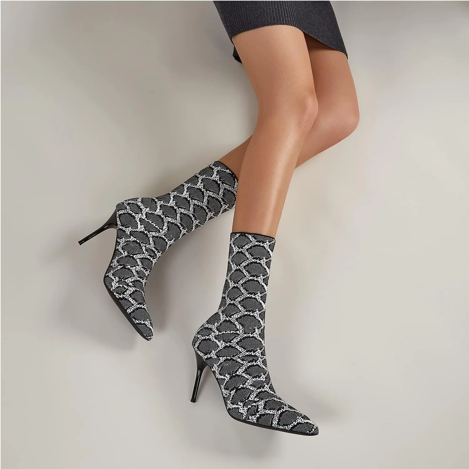 Jeesay Women's Sexy Pointed Toe Sock Ankle Boots Stiletto High Heels Mid Calf Booties Stretch Knit Shoes Warm…