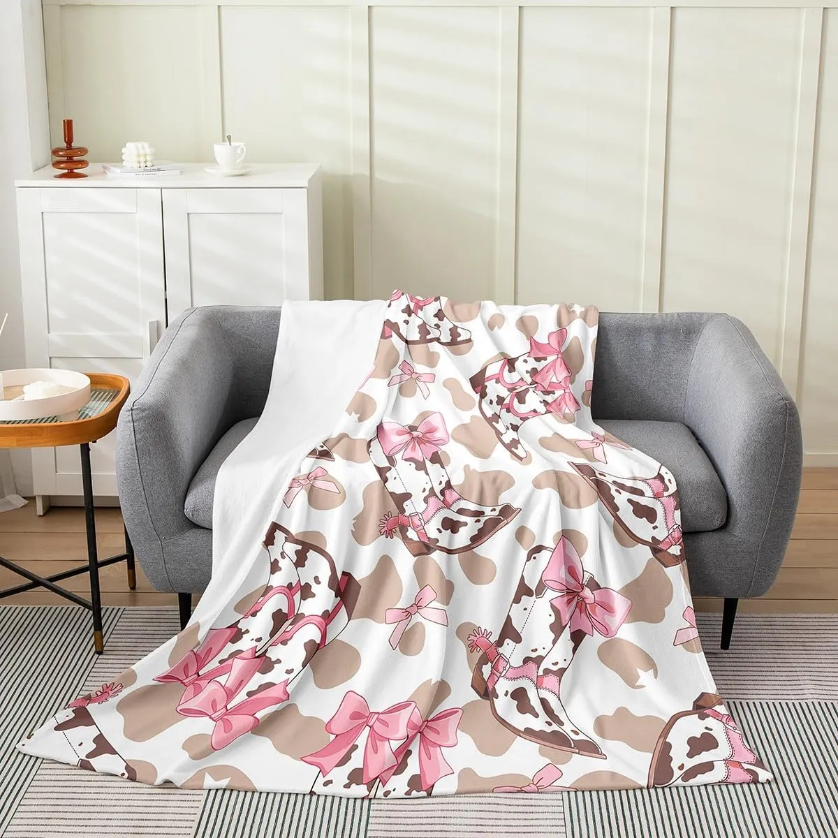 jejeloiu Bow All Season,Bed Blanket Western Cowboy Boots Plush Throw Blanket, for Sofa Couch Kids Teens Room Decor Cute Bowknot Flannel Fleece Blanket Throw 50"x60" Cowhide Bow