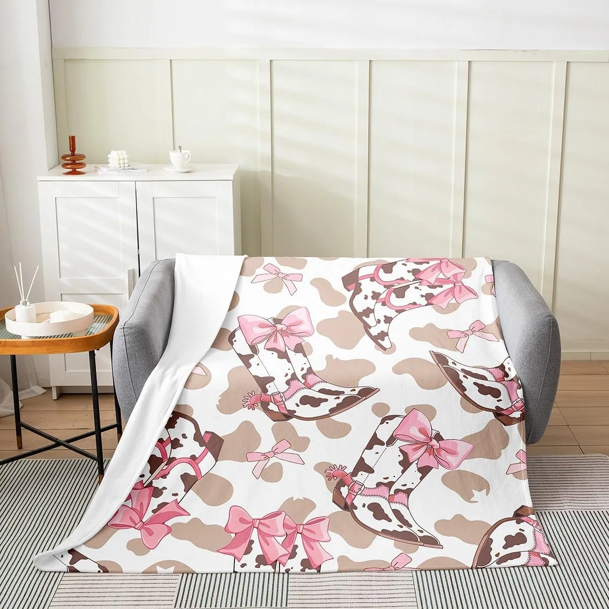 jejeloiu Bow All Season,Bed Blanket Western Cowboy Boots Plush Throw Blanket, for Sofa Couch Kids Teens Room Decor Cute Bowknot Flannel Fleece Blanket Throw 50"x60" Cowhide Bow