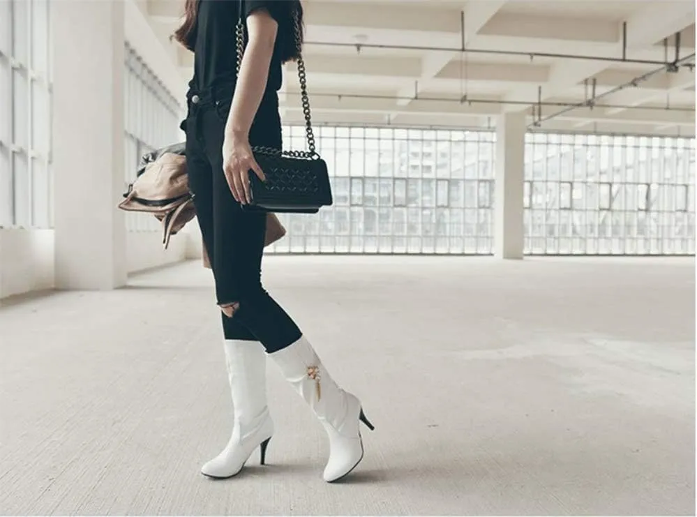 JITUUE Womens Mid Calf Slouched Heel Knee with pointed tips and drills High heeled boots Knight's style boots