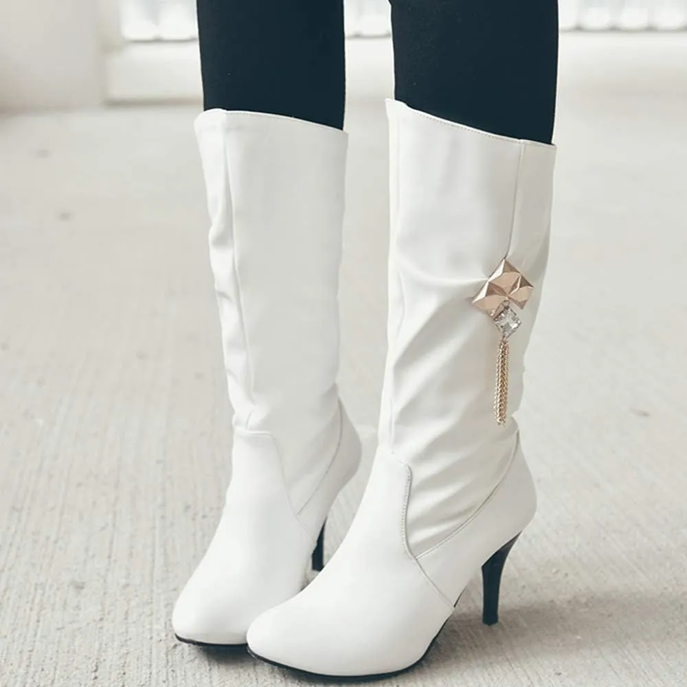 JITUUE Womens Mid Calf Slouched Heel Knee with pointed tips and drills High heeled boots Knight's style boots