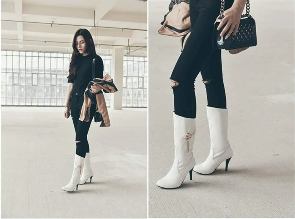 JITUUE Womens Mid Calf Slouched Heel Knee with pointed tips and drills High heeled boots Knight's style boots