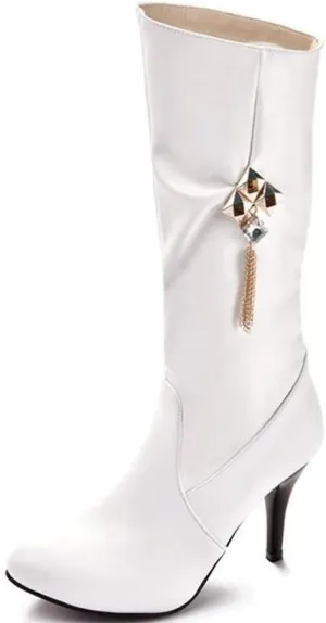 JITUUE Womens Mid Calf Slouched Heel Knee with pointed tips and drills High heeled boots Knight's style boots