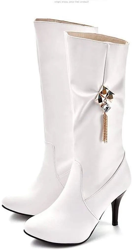JITUUE Womens Mid Calf Slouched Heel Knee with pointed tips and drills High heeled boots Knight's style boots