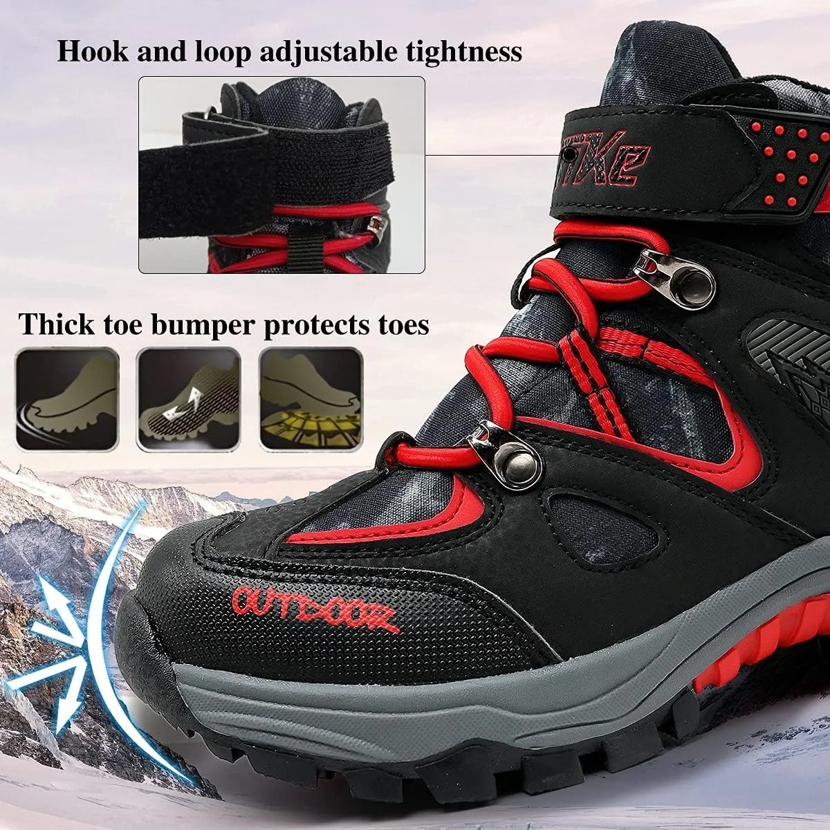 JMFCHI Kids Hiking Boots Boys Girls Outdoor Walking Climbing Sneaker Comfortable Non-slip Snow Shoes Hiker Boot Antiskid Steel Buckle Sole