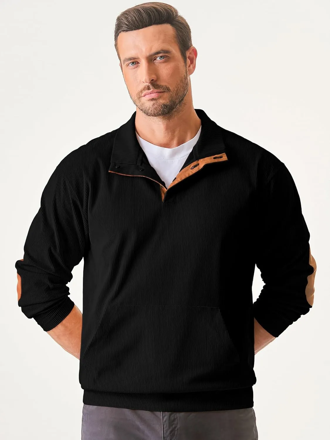 JMIERR Men's Corduroy Sweatshirt Casual Long Sleeve Stand Collar Button Pullover Sweatshirts with Pockets