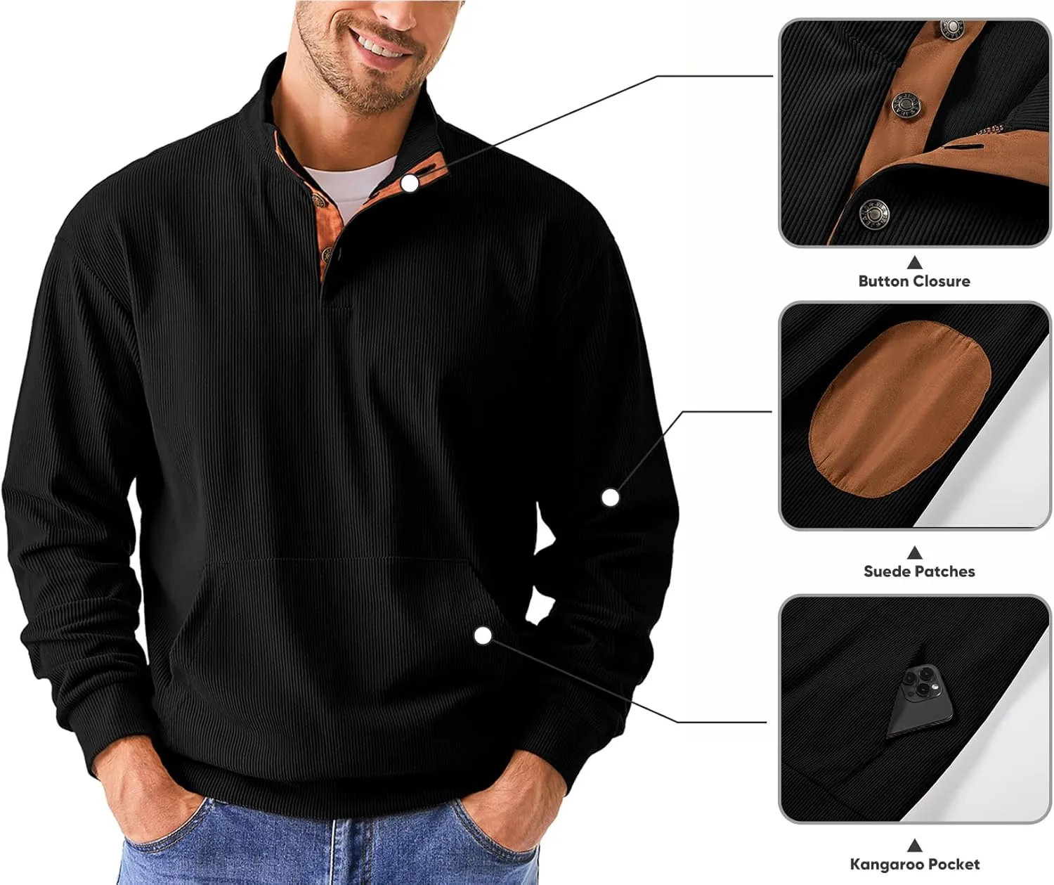 JMIERR Men's Corduroy Sweatshirt Casual Long Sleeve Stand Collar Button Pullover Sweatshirts with Pockets
