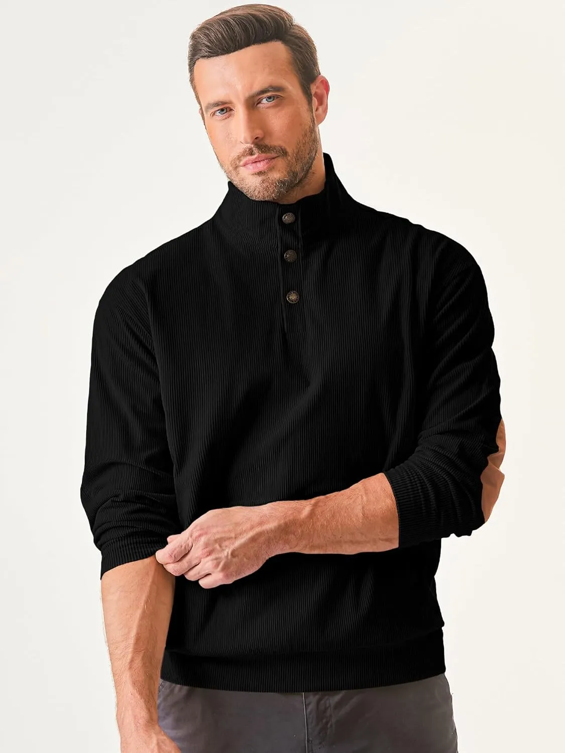 JMIERR Men's Corduroy Sweatshirt Casual Long Sleeve Stand Collar Button Pullover Sweatshirts with Pockets