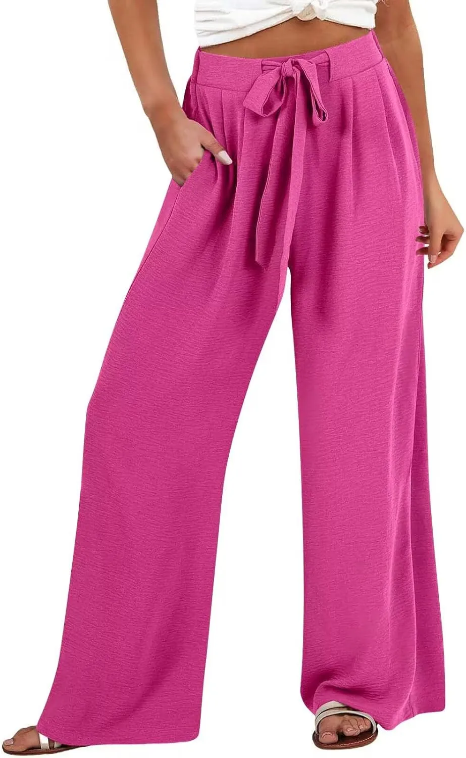 JOAU Women Wide Leg Palazzo Pants Summer High Waist Flowy Casual Trousers Dressy Loose Lounge Beach Vacation Belted Pants