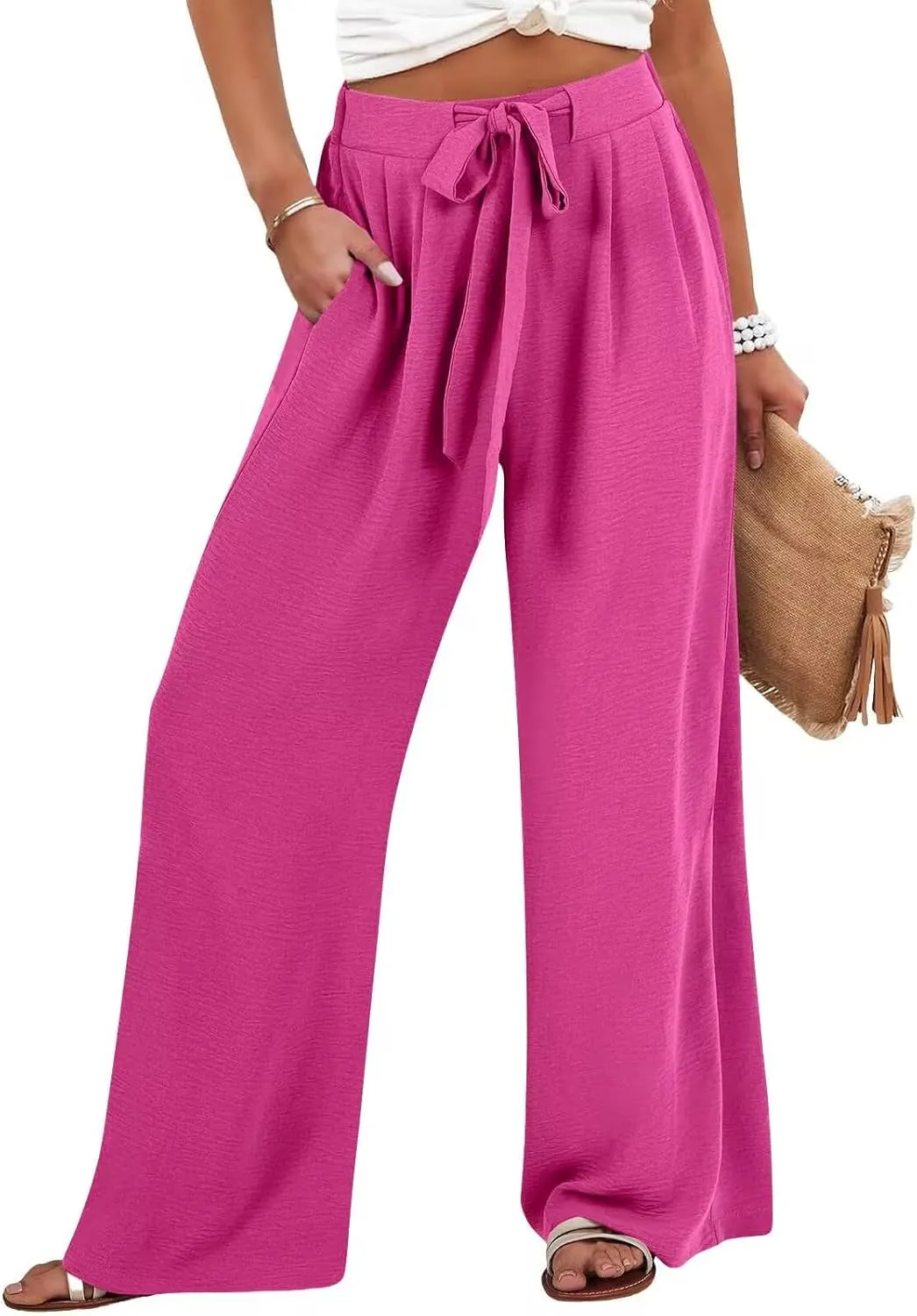 JOAU Women Wide Leg Palazzo Pants Summer High Waist Flowy Casual Trousers Dressy Loose Lounge Beach Vacation Belted Pants
