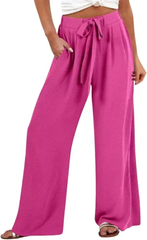 JOAU Women Wide Leg Palazzo Pants Summer High Waist Flowy Casual Trousers Dressy Loose Lounge Beach Vacation Belted Pants