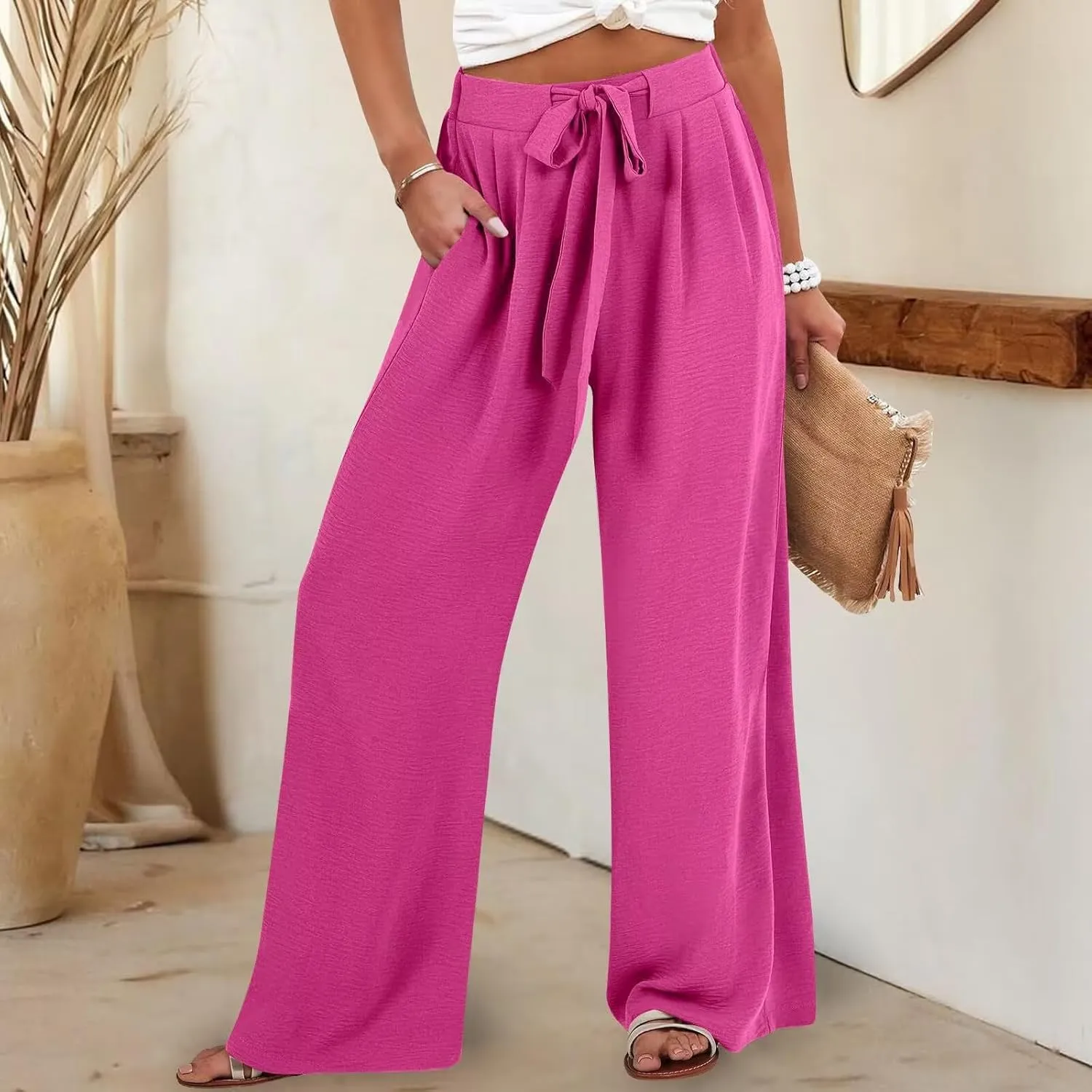 JOAU Women Wide Leg Palazzo Pants Summer High Waist Flowy Casual Trousers Dressy Loose Lounge Beach Vacation Belted Pants